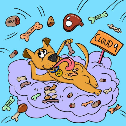Happy Dog On Cloud9 illustration from the book: WOOF! The Dog That Did Doggie Things children's book about dogs