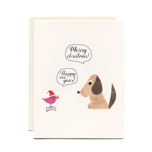 Dog-themed greeting card - Merry Christmas, Happy New Year - Dog and Bird
