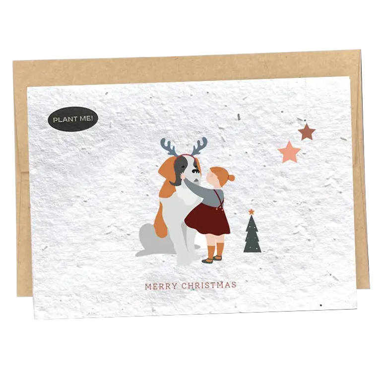 Dog-themed greeting card - Little Girl & Dog Merry Christmas - Plantable Card