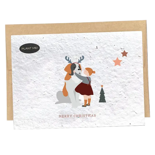 Dog-themed greeting card - Little Girl & Dog Merry Christmas - Plantable Card
