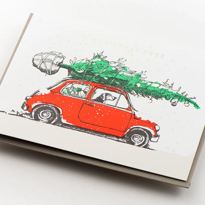 Dog-themed Christmas Card - O Christmas Tree - Dog Driving Car With Tree on Roof - Box Set of 6