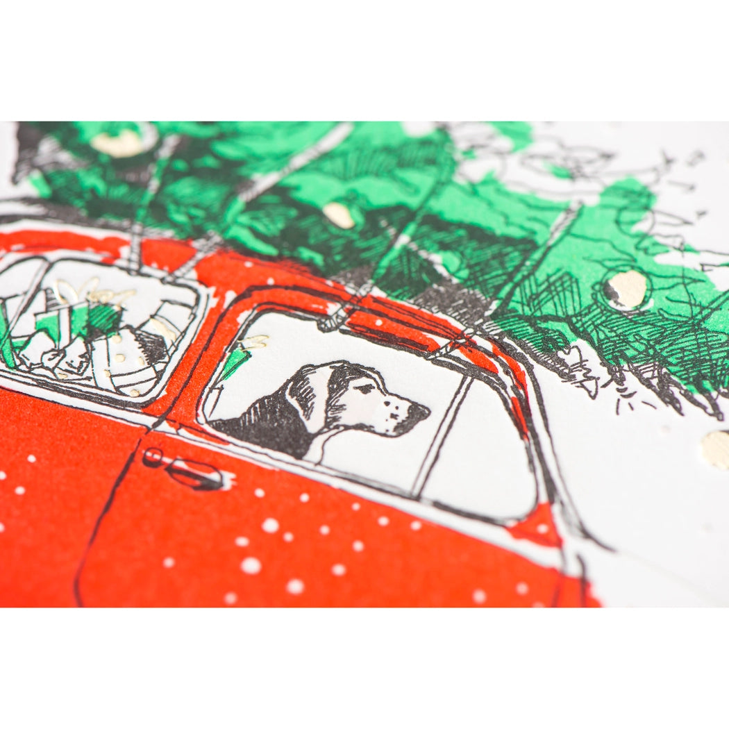Dog-themed Christmas Card - O Christmas Tree - Dog Driving Car With Tree on Roof - Box Set of 6
