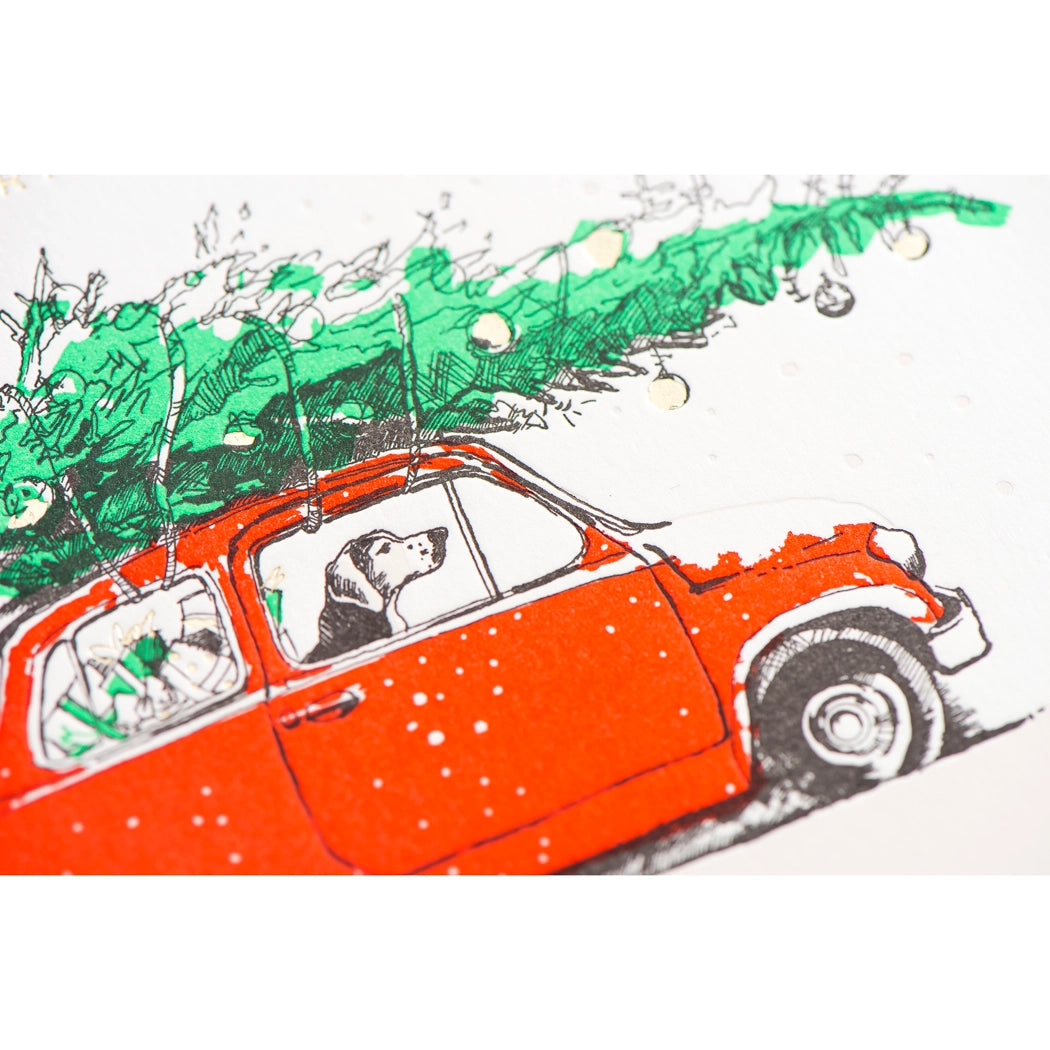 Dog-themed Christmas Card - O Christmas Tree - Dog Driving Car With Tree on Roof