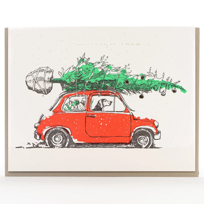 Dog-themed Christmas Card - O Christmas Tree - Dog Driving Car With Tree on Roof