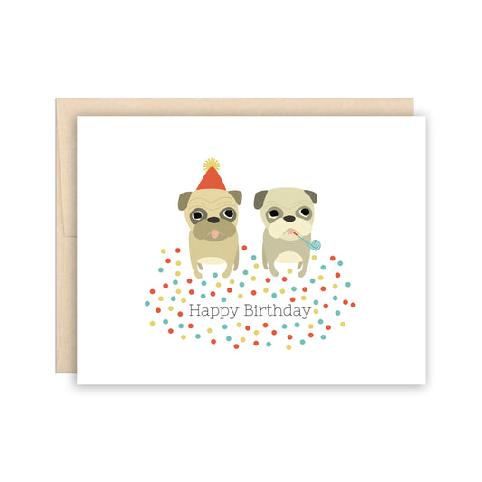 Dog-themed Greeting Card - Pug Party - Happy Birthday Card