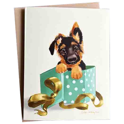 Dog-themed Greeting Card - German Shepherd Puppy in a Gift Box