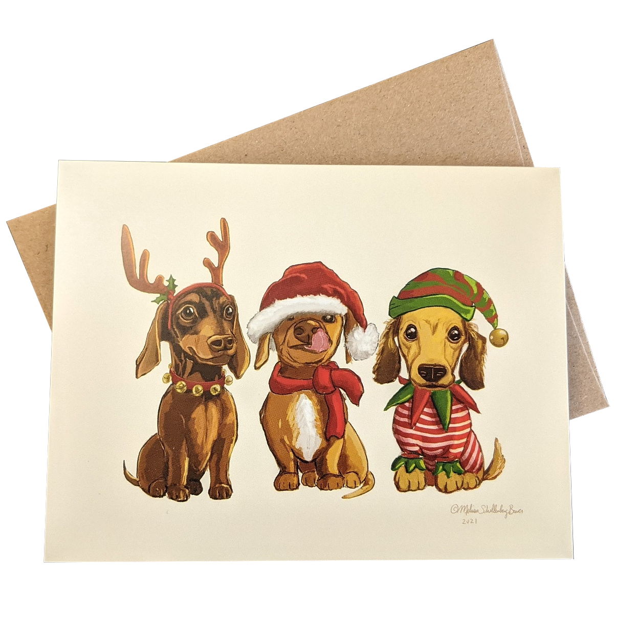 Dog-themed greeting card - Three Dachshunds Christmas Card