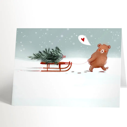 Animal-themed greeting card -  Teddy Bear With Sled